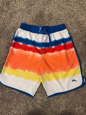 Tommy Bahama Boys Multicolor Tie-Dye Swim Trunks with Blue Trim